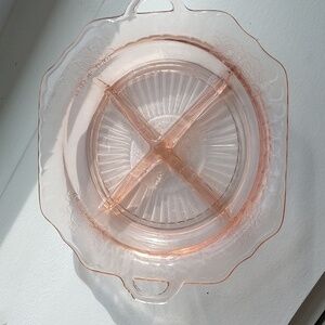 Pink depression glass serving platter divided with handles 8 1/2" x 10"